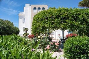 A building with a white facade and arched windows, surrounded by lush greenery and flowering plants. - Palazzo Podestà (Civitavecchia)