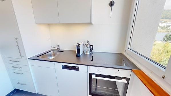 A modern kitchen with a built-in dishwasher, a stovetop, and a window providing a view of the outdoors. - Well-kept holiday apartament house in a prime location in St. (St. Moritz)