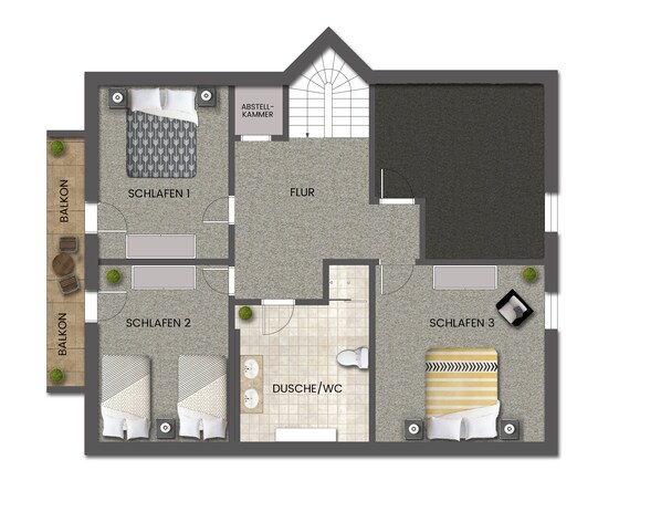 A floor plan of a hotel with three bedrooms, a living room, a bathroom, and a balcony.