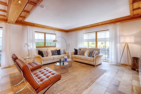 Smart TV, fireplace, table football, books