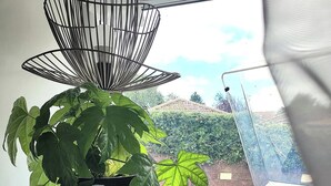 A potted plant with a black pot and a vinyl record player on a windowsill.