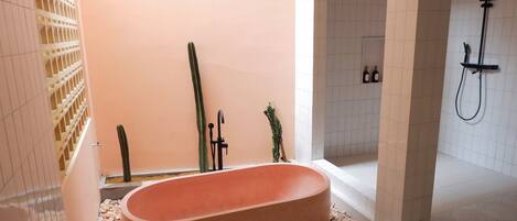 Une salle de bain moderne avec une baignoire sur pieds, une douche et un cactus.