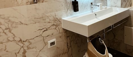 Shower, rainfall showerhead, hair dryer, slippers