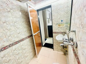 Secador de cabelo, toalhas de banho, sabonete, shampoo