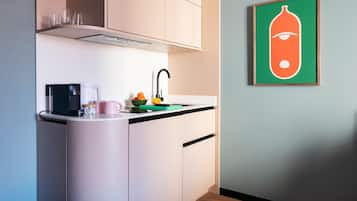 Fridge, microwave, stovetop, espresso maker