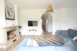 A living room with a sofa, a TV, a fireplace, and a hanging light fixture.
