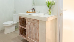 A modern bathroom with a white toilet, a sink with a wooden cabinet, a mirror above the sink, and a green plant on the counter. - Kubu Ramah Canggu (Tibubeneng)