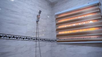 Separate tub and shower, deep soaking tub, towels