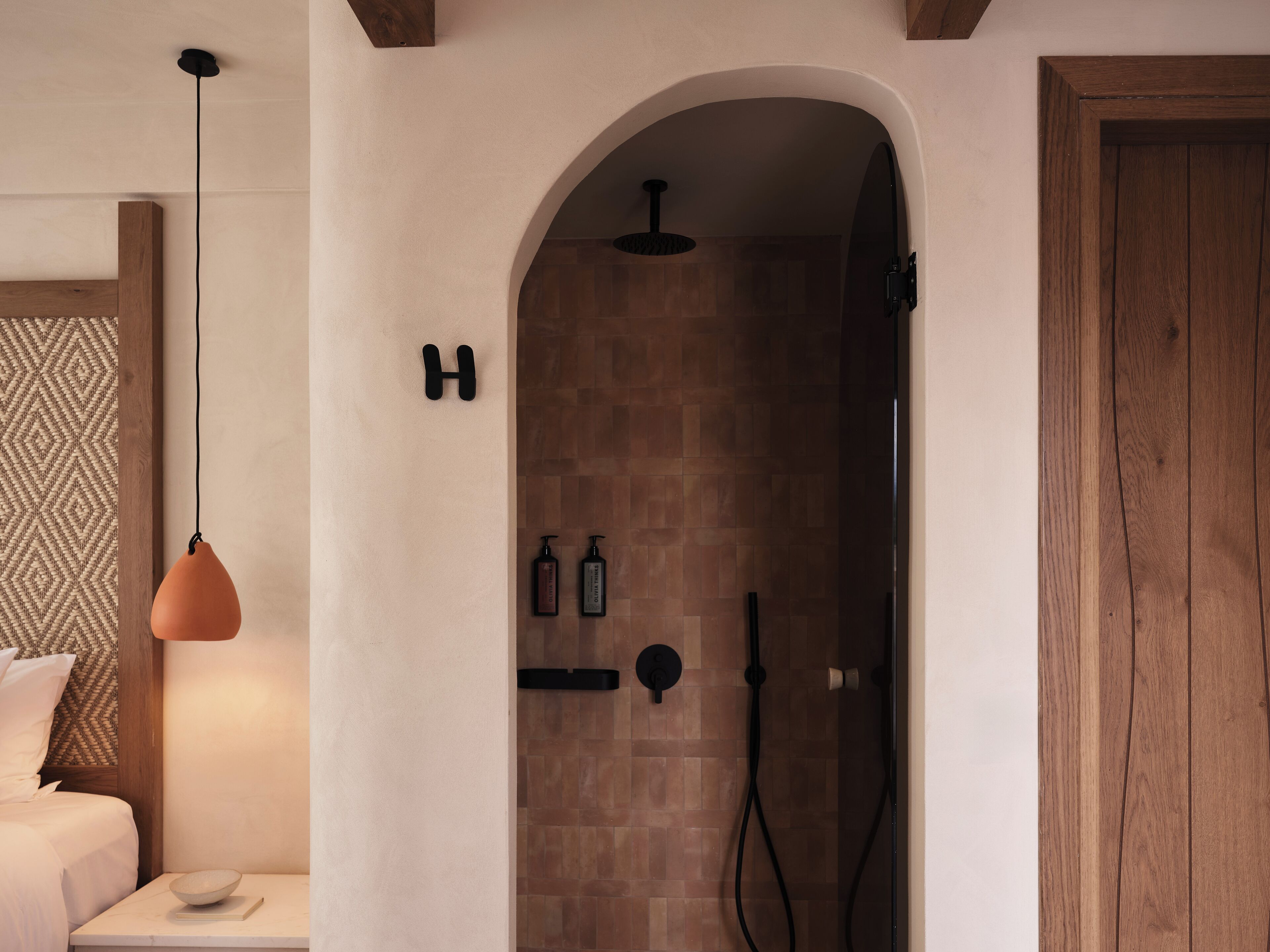 Un baño moderno con ducha, perchero y puerta de madera.