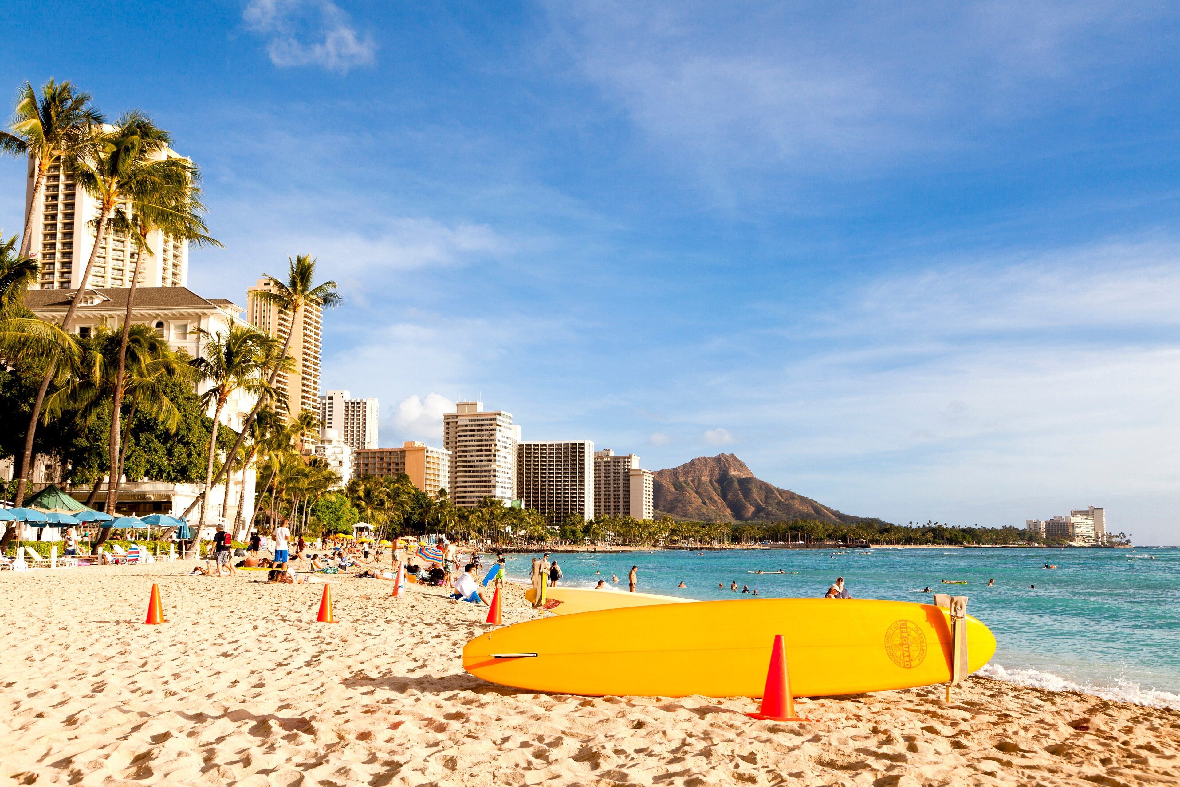A beach with a yellow surfboard, palm trees, and a city skyline in the background.
