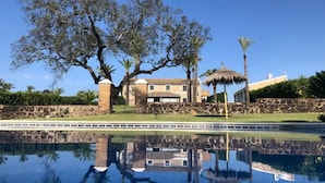 A pool reflecting a house with a stone wall, palm trees, and a large tree in the background. - HOTEL RURAL FINCA BARRAL (Guillena)