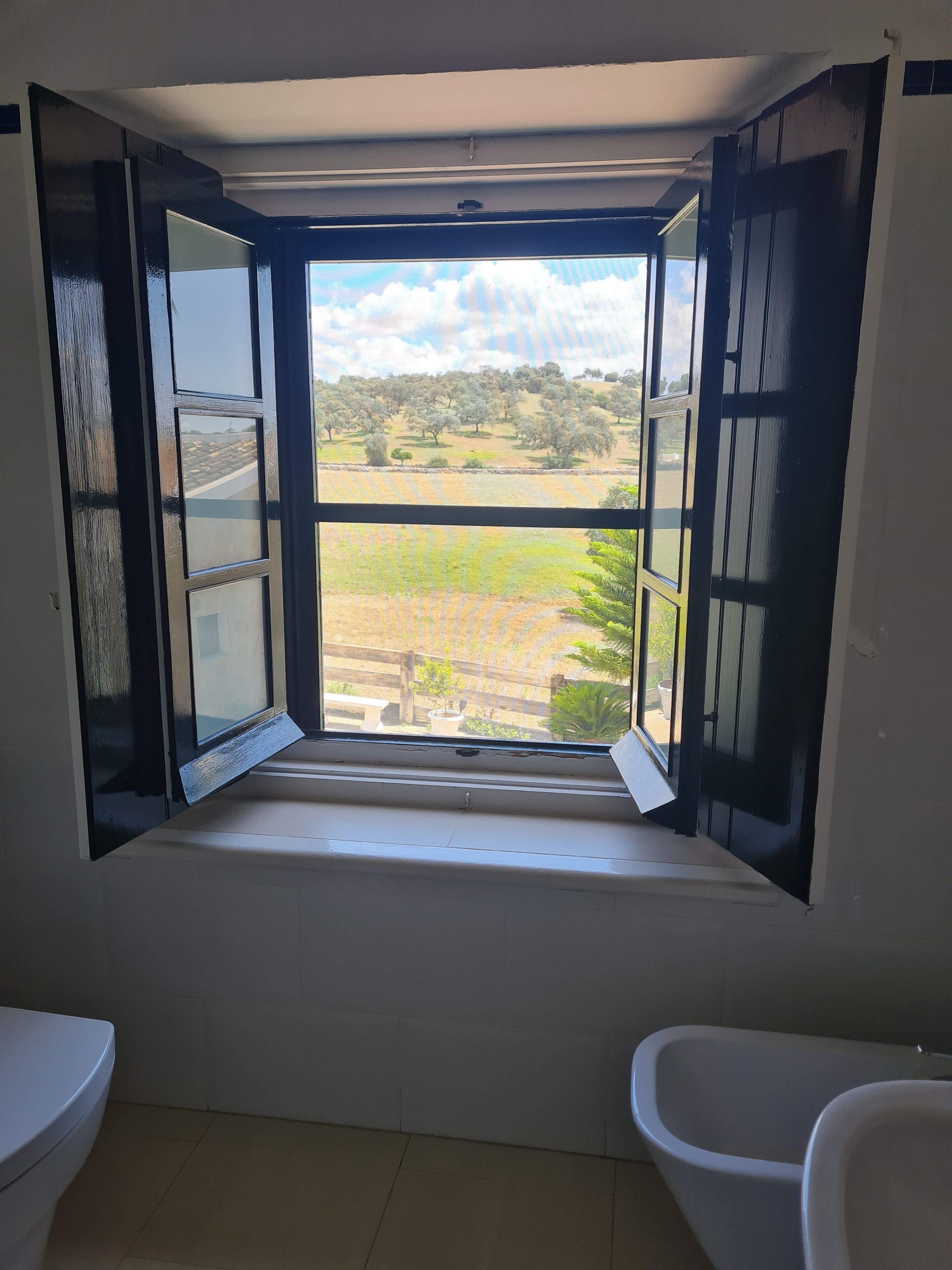 A bathroom with a window overlooking a garden.