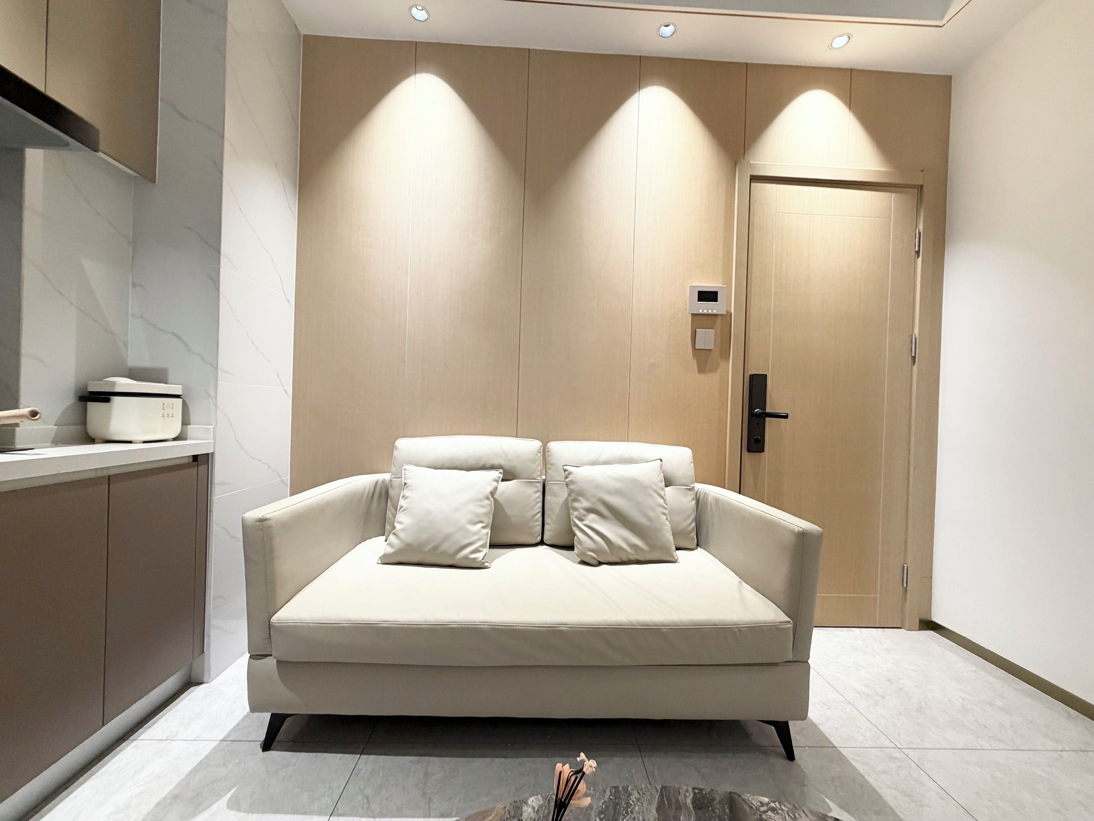 A modern living room with a beige sofa, a small kitchen area with a rice cooker, and a wooden door.