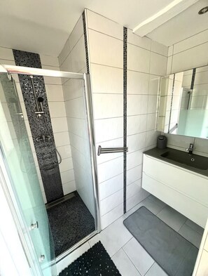 Ducha, secador de pelo, toallas y papel higiénico