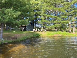 Une cabane avec un petit quai, entourée de pins et bordée par un ruisseau aux eaux claires.