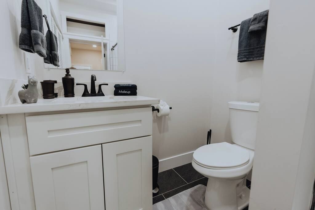 Bathroom vanity and toilet