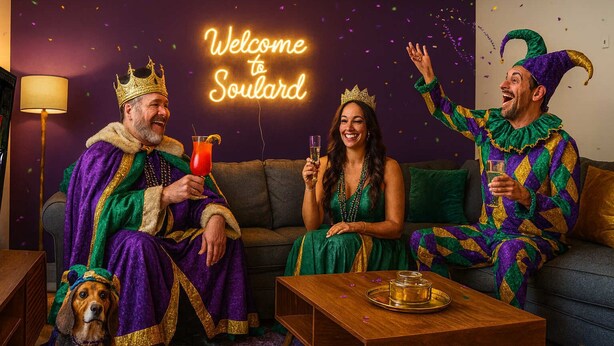 Three people in festive costumes, a neon sign, and a dog in a room with a sofa and a table. - Patio 2BR St Louis Rental – Gateway Arch Access (St. Louis)