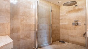 Shower, hair dryer, shampoo