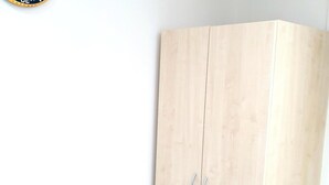 Un armario de madera clara con dos puertas y un tirador.