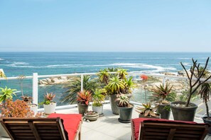 A terrace with potted plants and a view of the ocean.