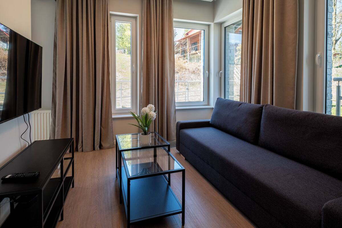 Un salon moderne doté d’un téléviseur à écran plat, d’un canapé foncé, d’une table basse en verre ornée d’une plante en pot et de grandes fenêtres avec des rideaux.
