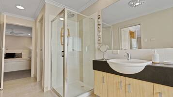 Shower, hair dryer, towels