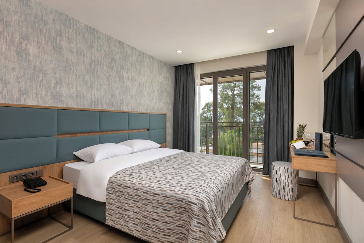 Camera d'albergo moderna con un letto grande, un comodino in legno, una scrivania con TV a schermo piatto e un balcone vista alberi.