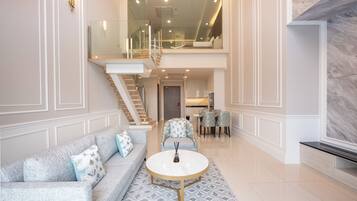 Desk, laptop workspace, blackout curtains, iron/ironing board