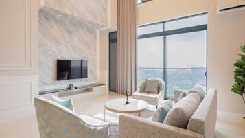 Desk, laptop workspace, blackout curtains, iron/ironing board