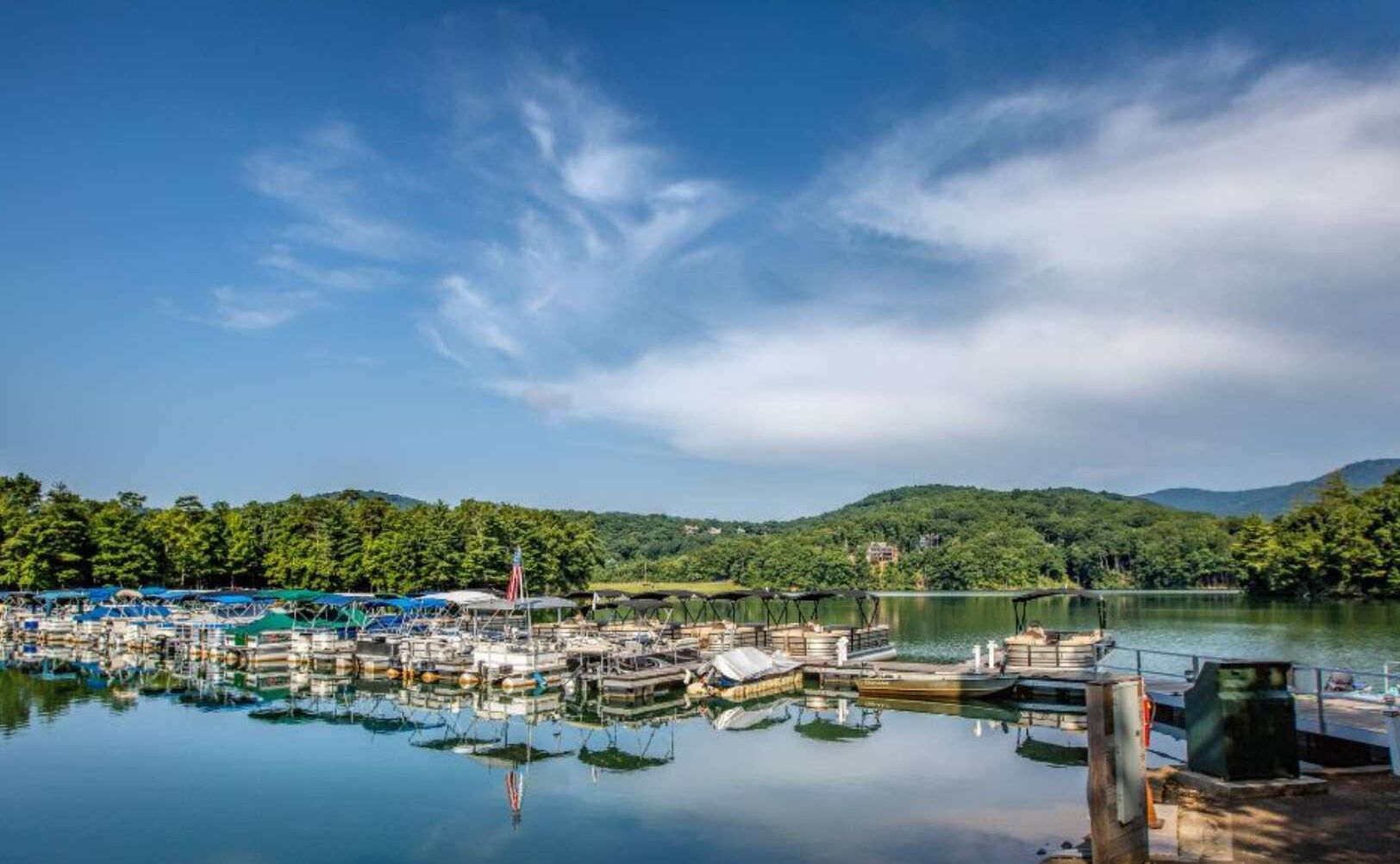 A marina with boats docked, surrounded by forested hills.