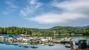 A marina with boats docked, surrounded by forested hills. - Paradise View - Big Canoe GA (Big Canoe)