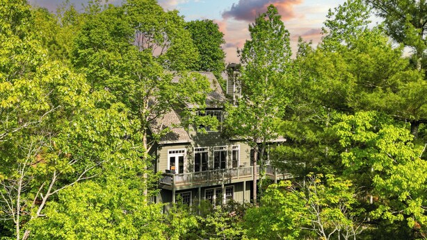 Una casa grande e histórica rodeada de abundante follaje verde.