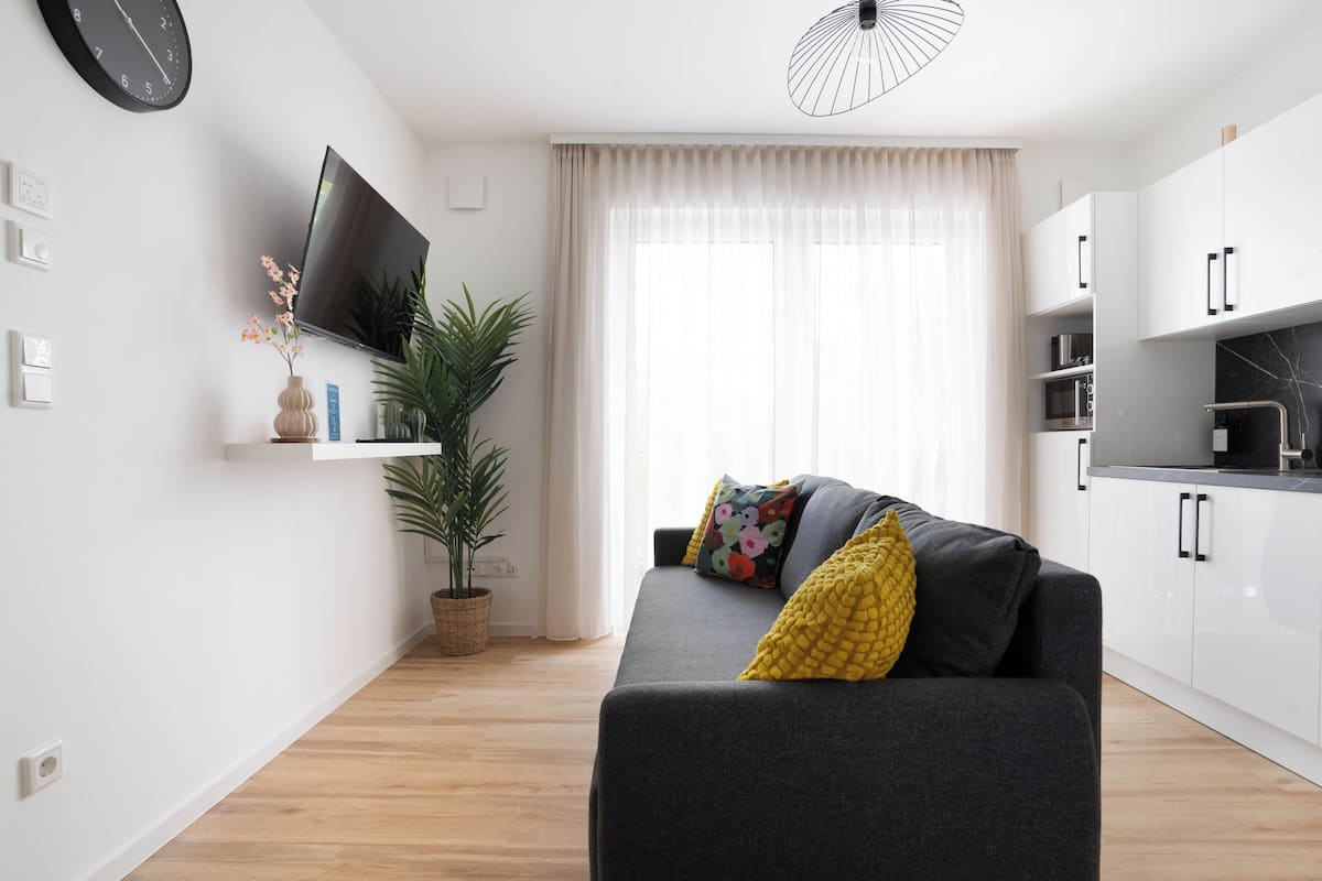 Una sala de estar moderna con un sofá gris, un televisor de pantalla plana, una planta en maceta y una zona de cocina con armarios blancos y una encimera negra.