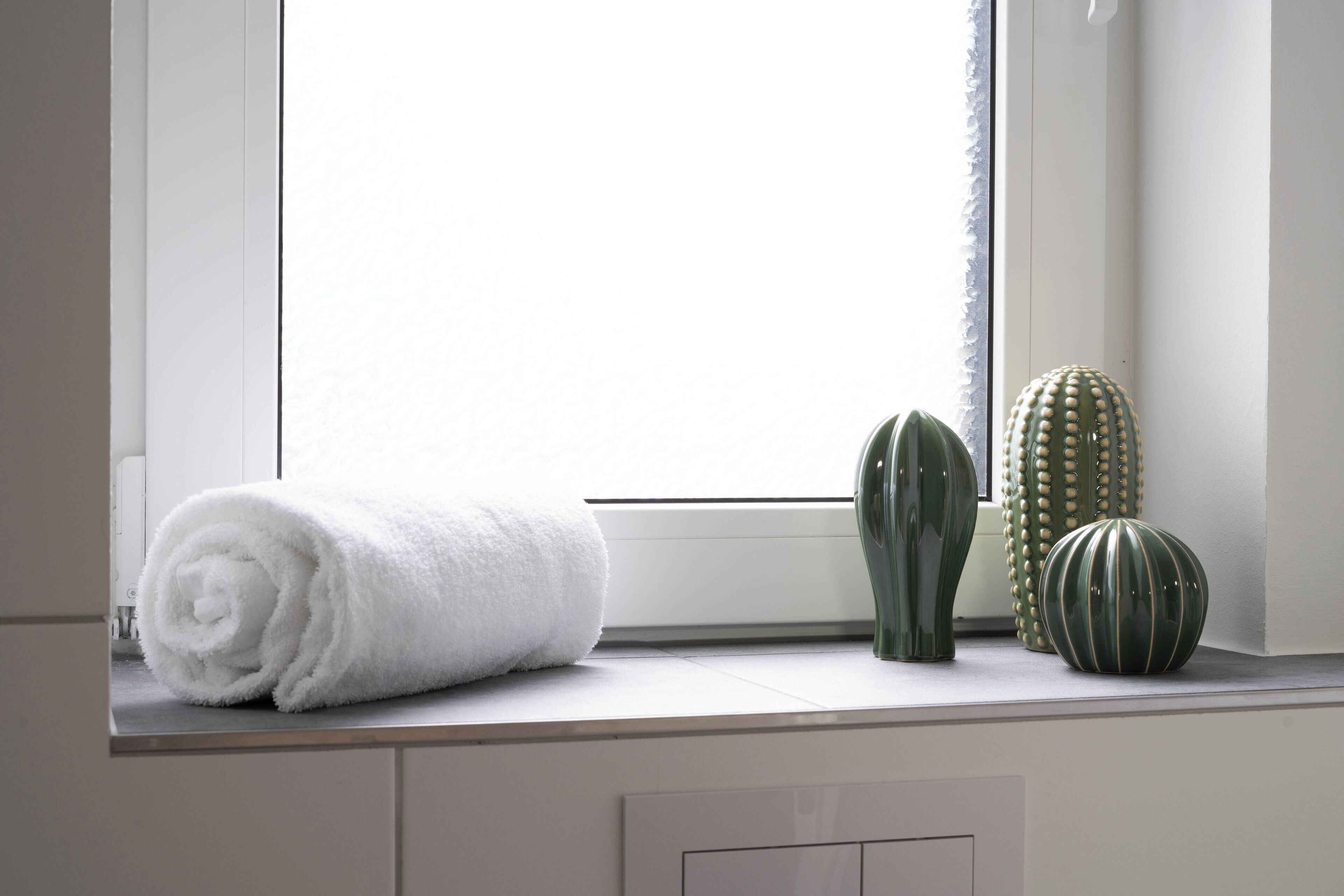 Un rebord de fenêtre orné d’une serviette blanche roulée, d’un vase vert et d’un cactus rayé.
