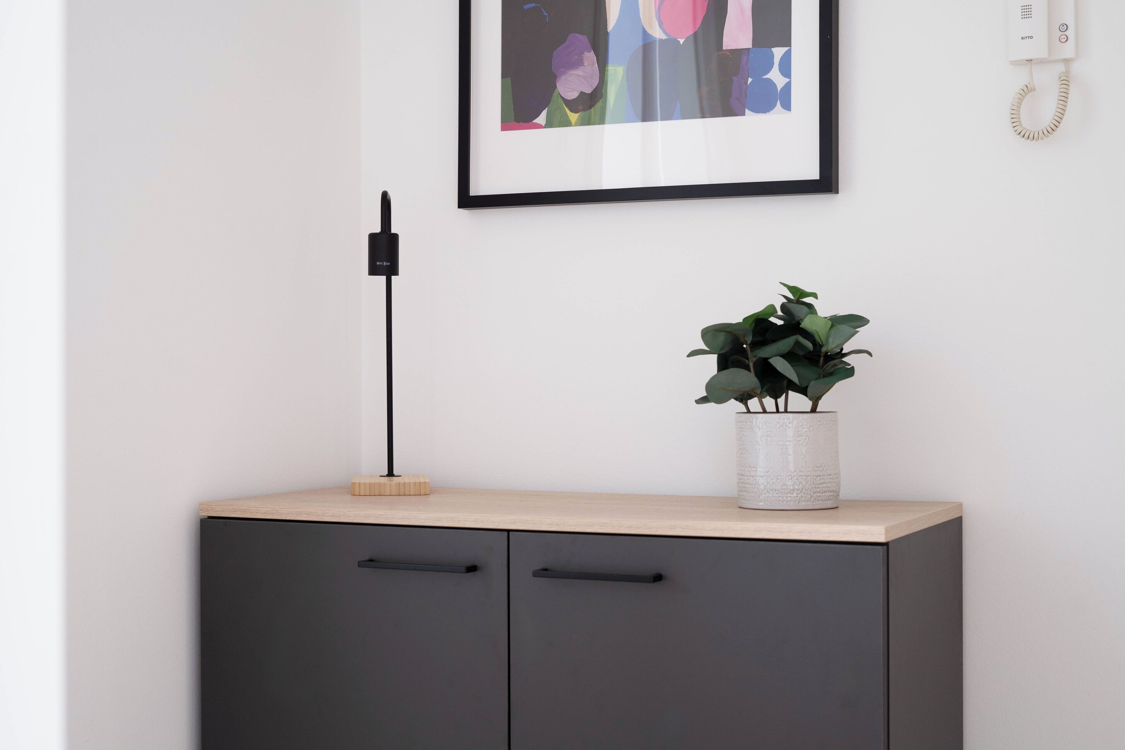 Une chambre moderne avec un bureau, une plante, une œuvre d’art encadrée et un téléphone fixé au mur.