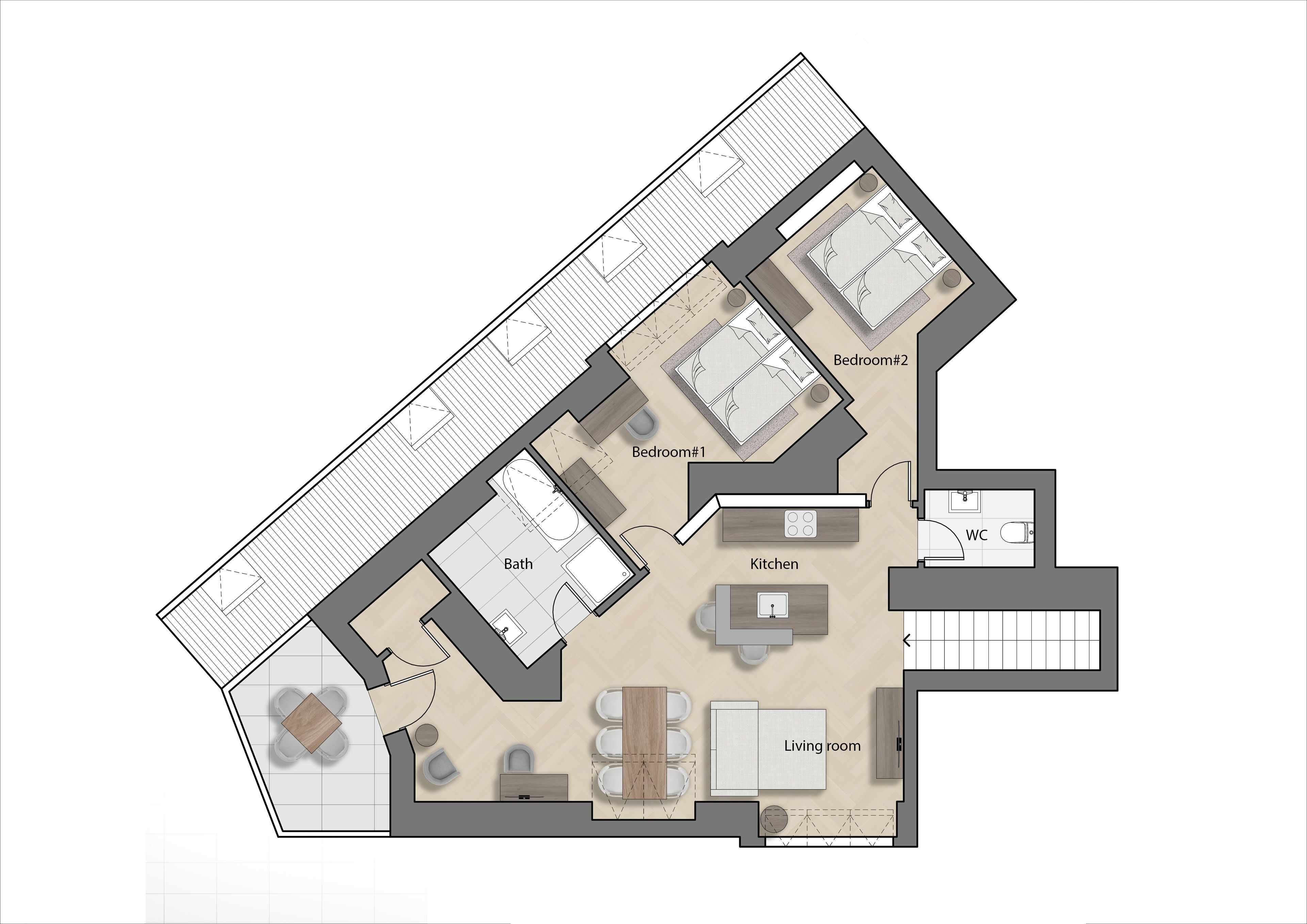 Plano de un hotel con dos dormitorios, sala de estar, cocina, baño y aseo.