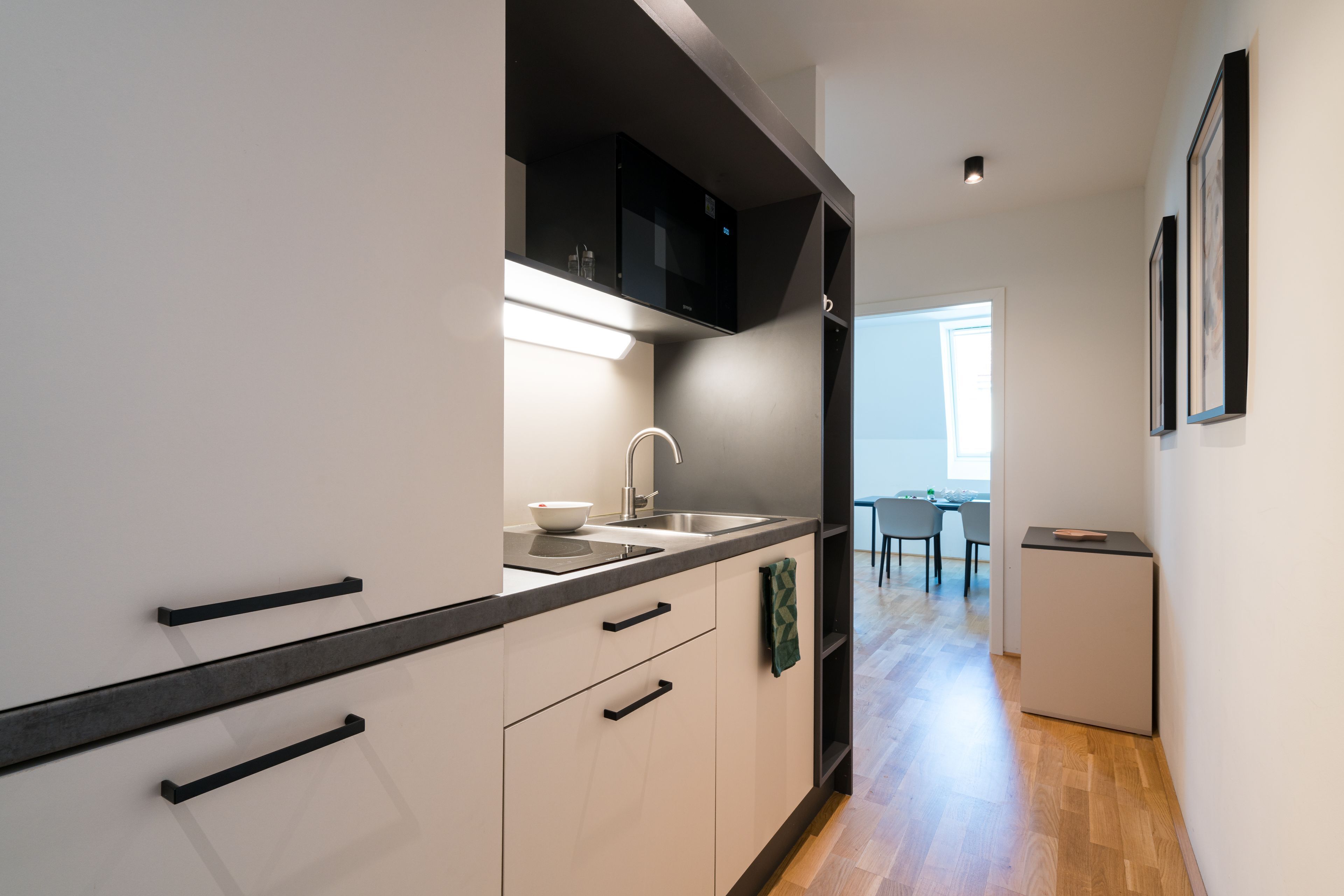 Frigorifero, microonde, piano cottura, lavastoviglie