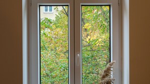 A window with a view of trees and a candle on the windowsill.