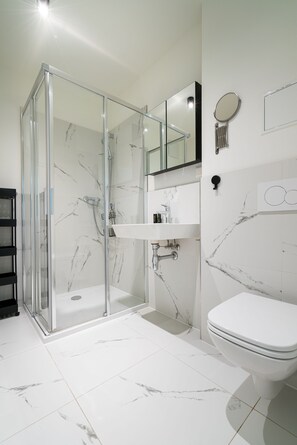 Shower, hair dryer, towels