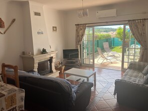 Télévision, cheminée, lecteur de DVD, livres