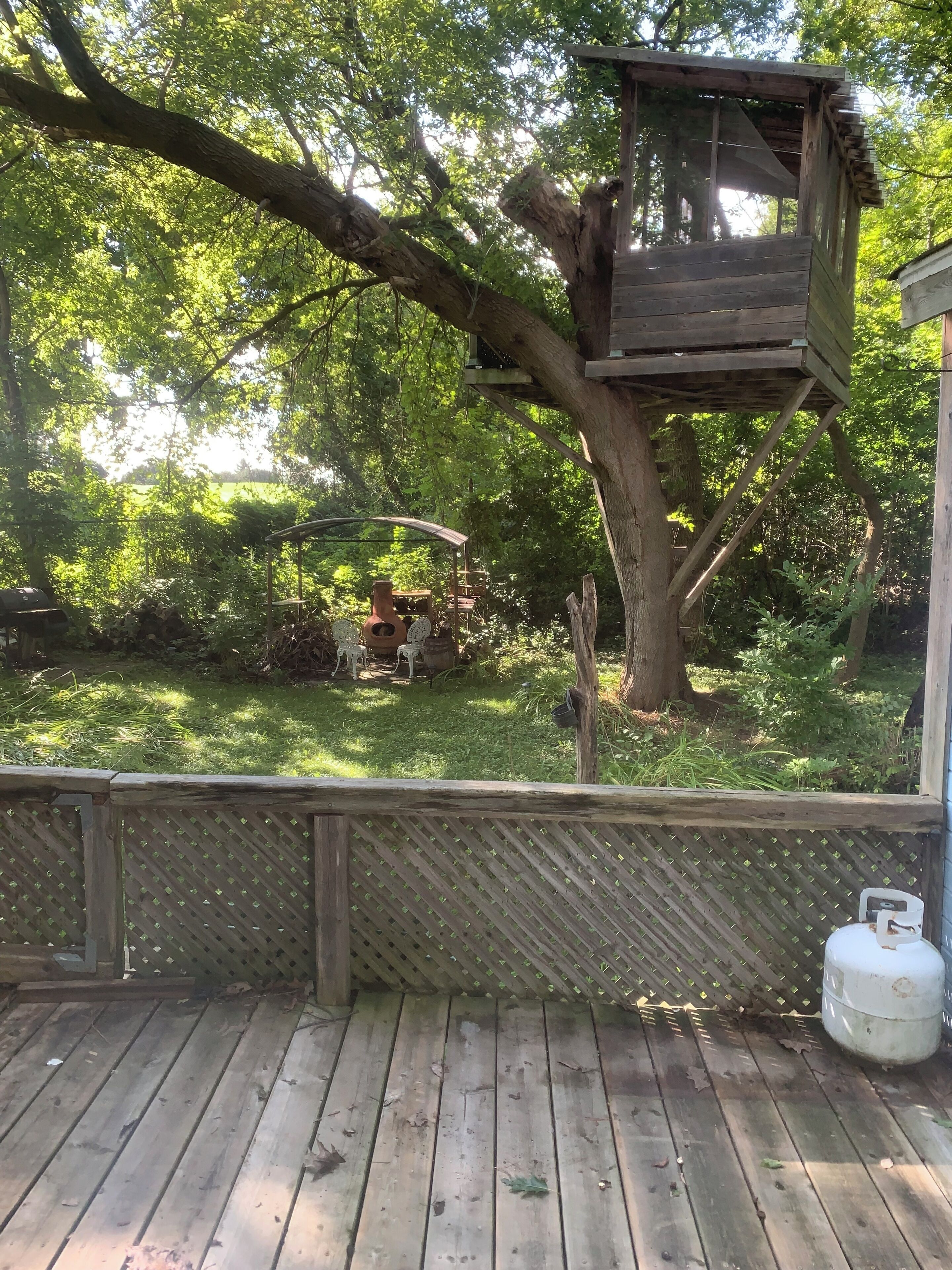 Una terraza de madera con un cerramiento ajedrezado, una casita en un árbol y una zona de barbacoa.