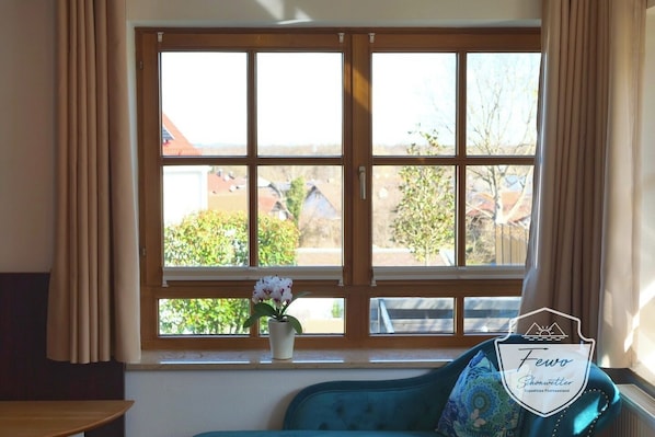 A room with a large window, a blue sofa, and a potted plant.