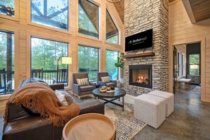 Smart TV, fireplace, foosball