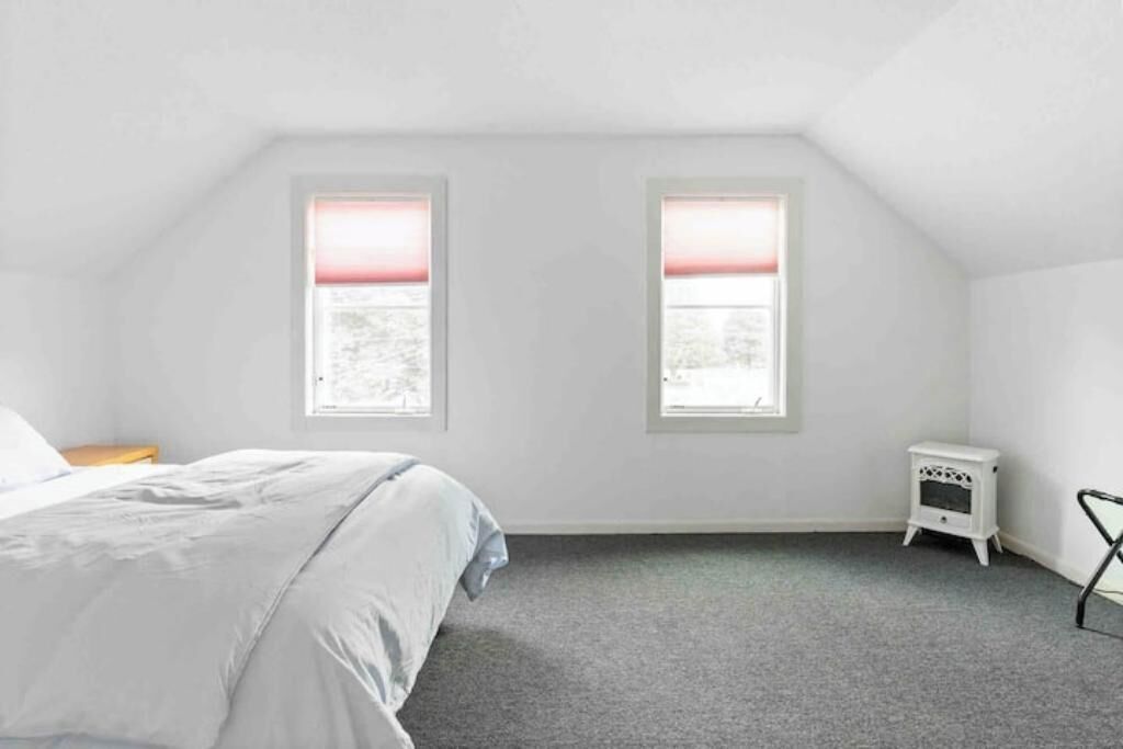 A bedroom with a bed, two windows, a heater, and a chair.