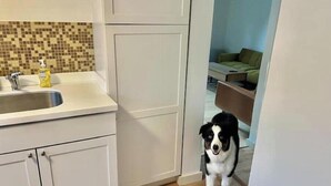 Een keuken met witte kastjes, een spoelbak en een betegelde spatwand.