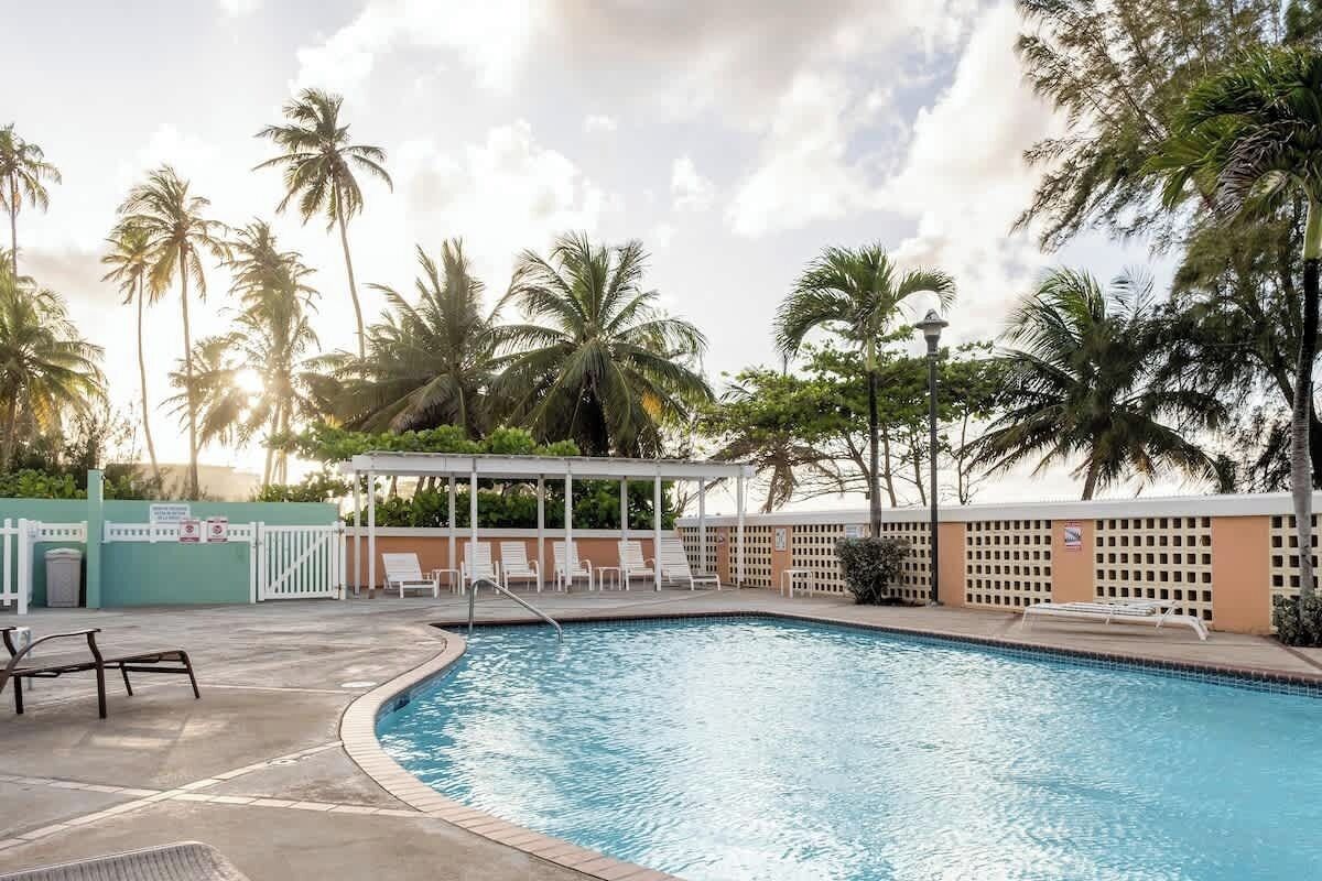 A swimming pool with lounge chairs and a covered seating area, surrounded by palm trees.