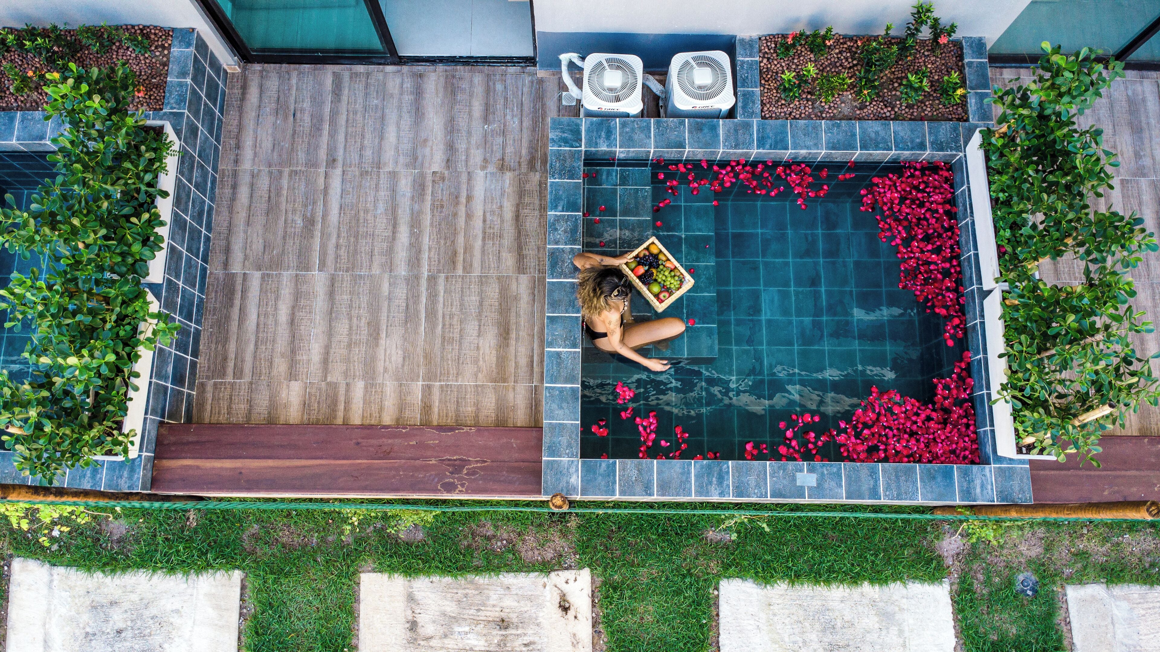 A rooftop pool with a person relaxing, surrounded by greenery and a fruit basket.