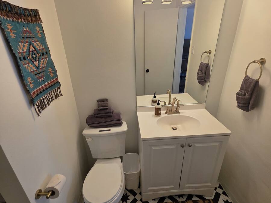 Une salle de bain avec un lavabo blanc, des toilettes, un miroir et un tapis à motifs sur le sol.