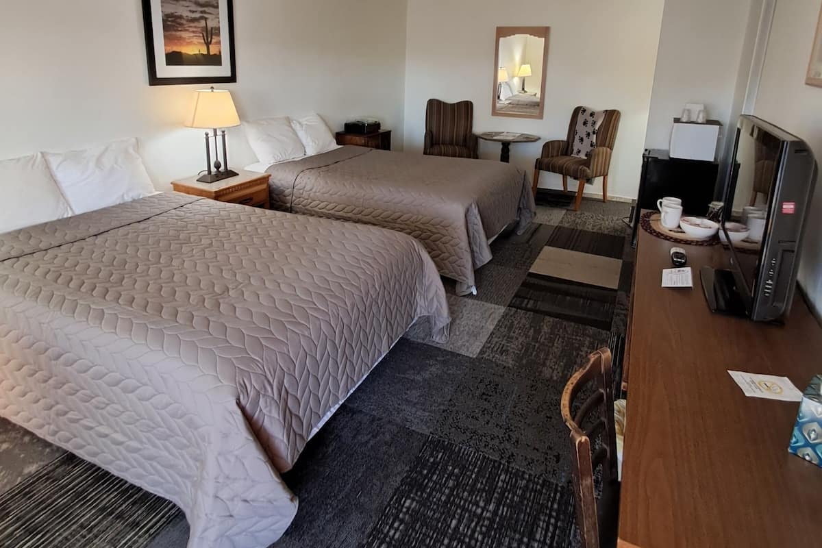 Una habitación de hotel con dos camas, un escritorio, una silla, un televisor y un cuadro en la pared.