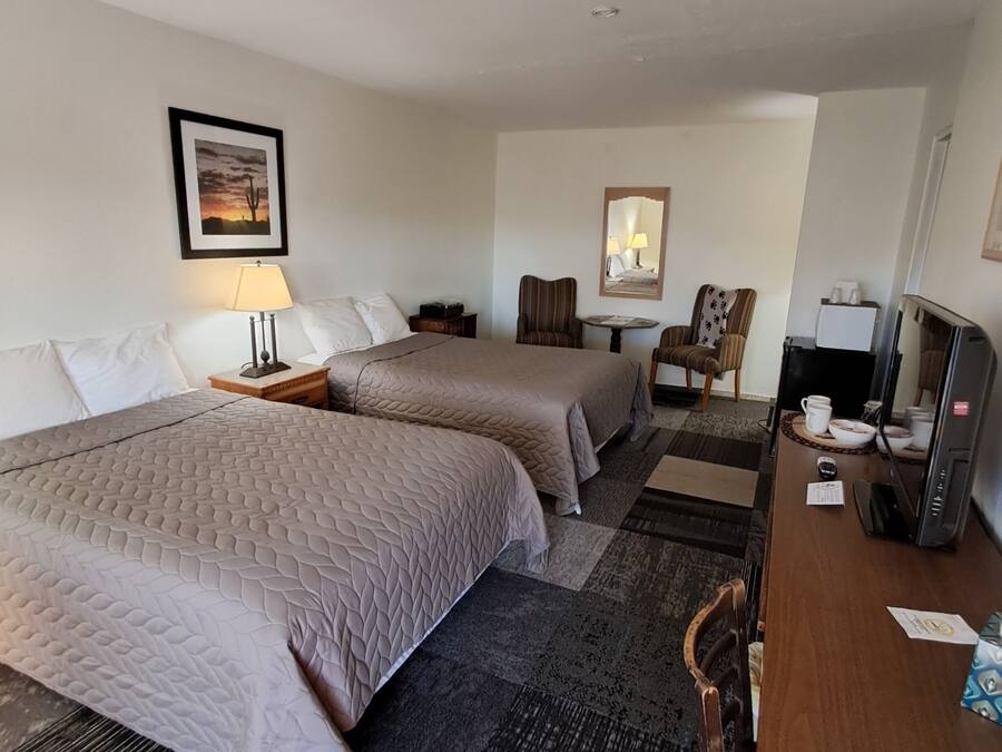 Een hotelkamer met twee bedden, een bureau, een stoel, een televisie en een inlijsting foto aan de muur.